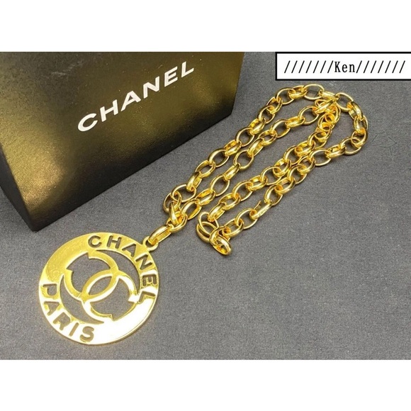 CHANEL BELT AUTH Coco chain CC Rare Gold Plate Logo MEDAL Necklace round 83cm - Picture 1 of 8